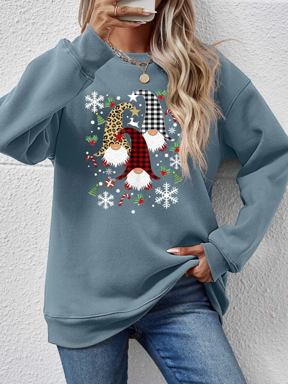Dusty Blue raglan sweatshirt with festive gnome graphic, snowflakes, and candy canes.