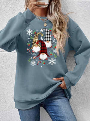 Dusty Blue raglan sweatshirt with festive gnome graphic, snowflakes, and candy canes.