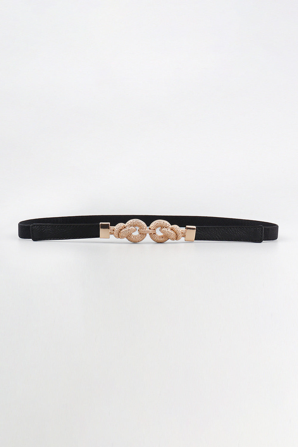 Black elasticated waist belt with gold linked knot detail and buckle closure