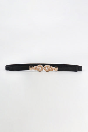 Black elasticated waist belt with gold linked knot detail and buckle closure