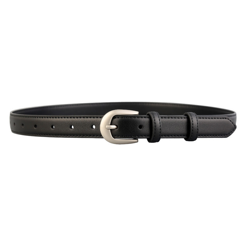 Black cowhide leather skinny belt with silver buckle