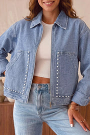 Studded Zipper Rivet Pockets Denim Jacket, close-up detail