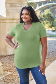 Matcha green V-neck t-shirt with short sleeves and a chest pocket.