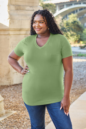 Matcha green V-neck t-shirt with short sleeves and a chest pocket.
