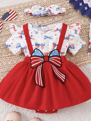 Patriotic ruffle sleeve one-piece set in red with bow detail and bow headband.