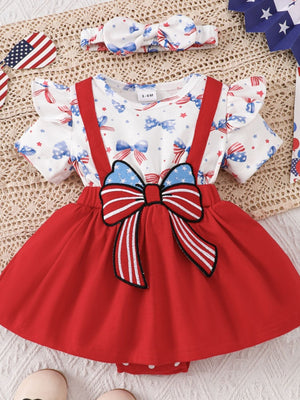 Patriotic ruffle sleeve one-piece set in red with bow detail and bow headband.