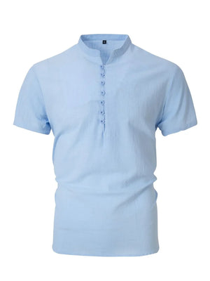 Light blue linen henley polo shirt with button placket and band collar