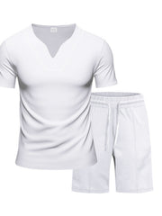 White notched collar v-neck tee and drawstring shorts set