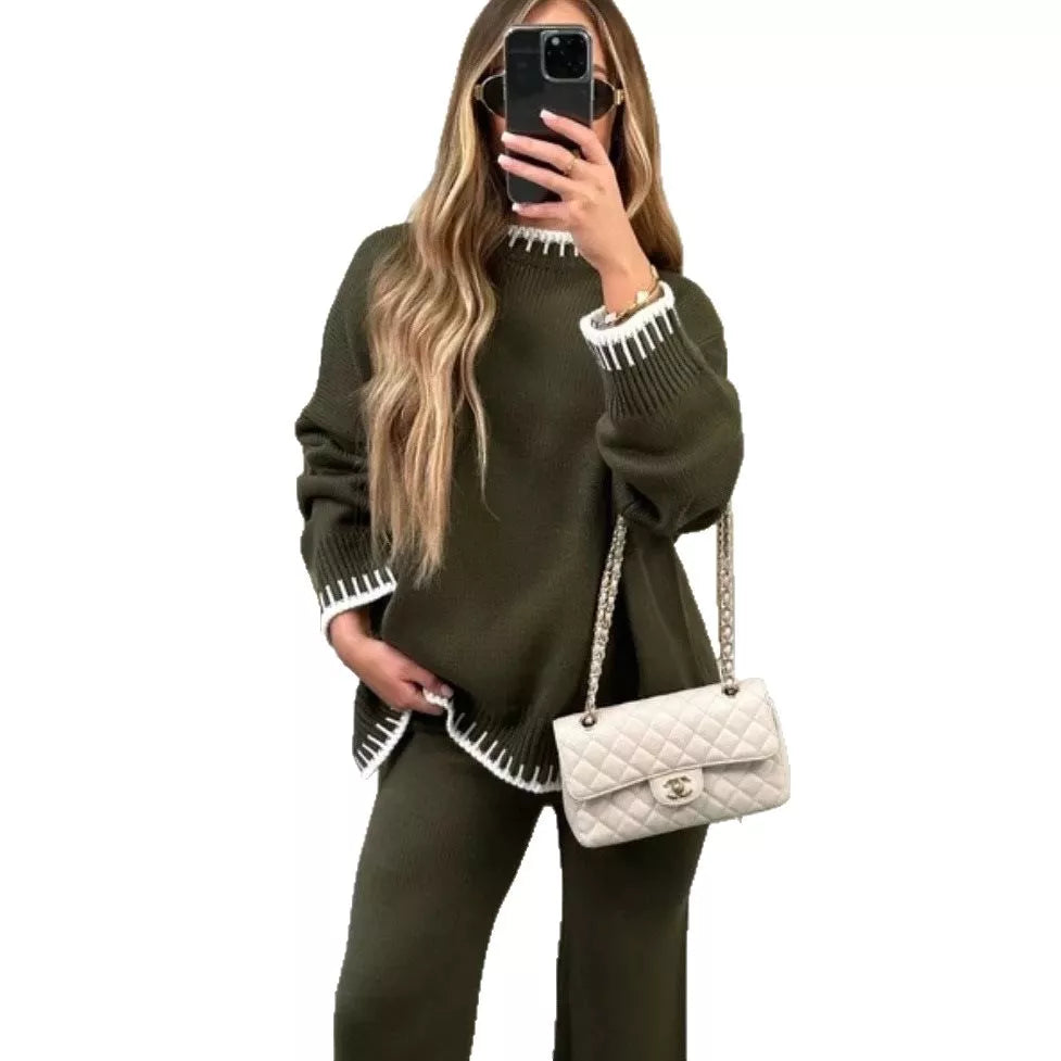 Army green relaxed sweater set with contrast trim details on neckline and sleeves.