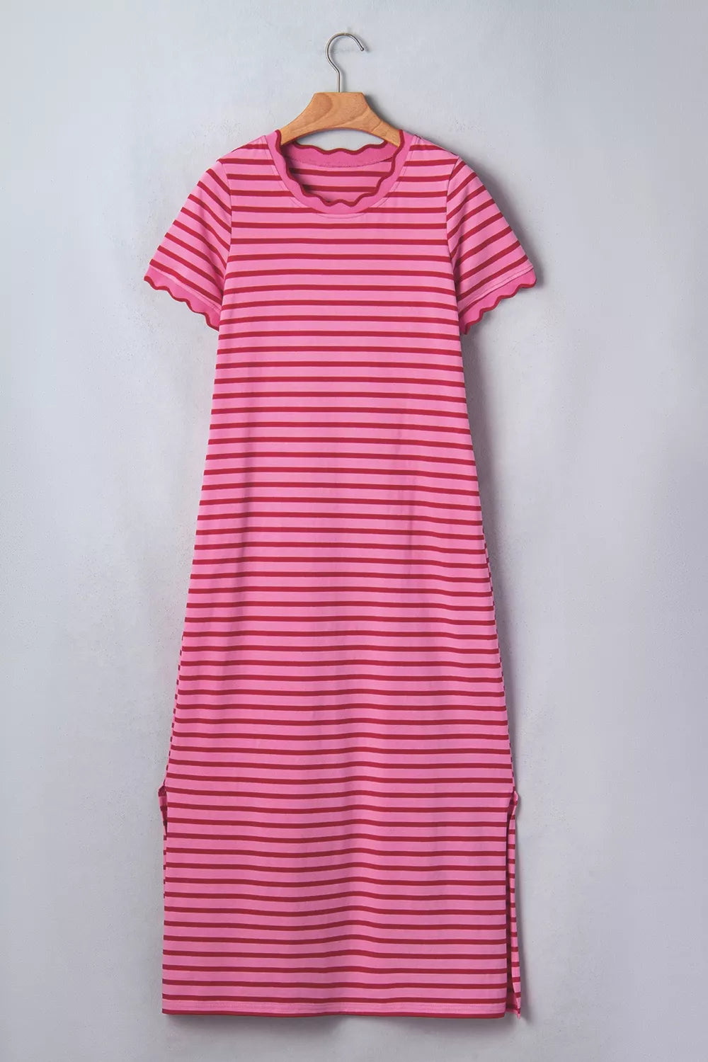 Pink and red striped maxi tee dress with scalloped trim and side slits.
