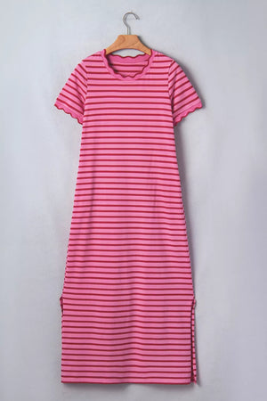 Pink and red striped maxi tee dress with scalloped trim and side slits.