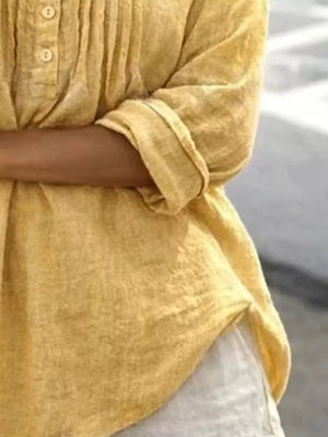 Casual Button Detail Long Sleeve Linen Shirt in Yellow, fabric detail