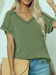 Matcha green ribbed v-neck tee with contrast stitching and short sleeves.
