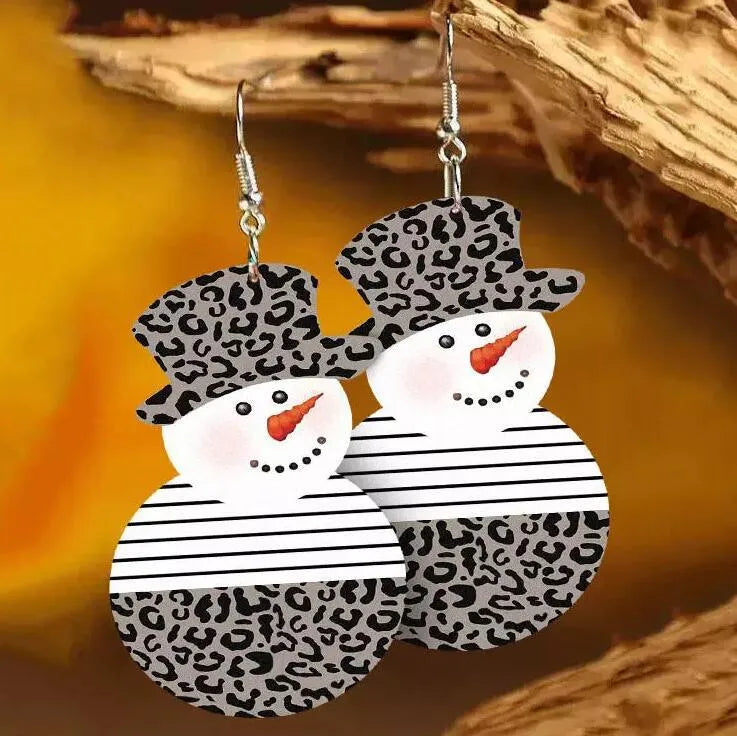 Festive snowman drop earrings with leopard print hats and striped bodies.