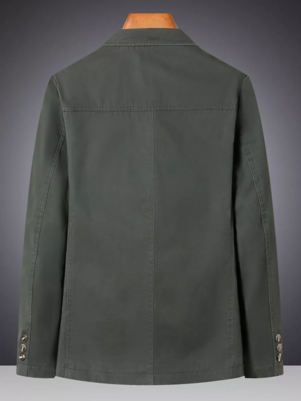 Military green cotton casual lapel blazer for men, buttoned cuffs detail.
