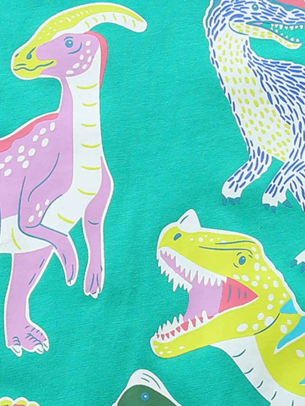 Children's short sleeve t-shirt in teal with a colorful dinosaur print, made of cotton.