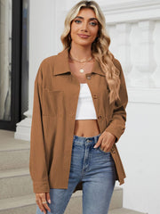 Caramel corduroy overshirt with patch pockets and button front, styled with a white crop top and jeans.