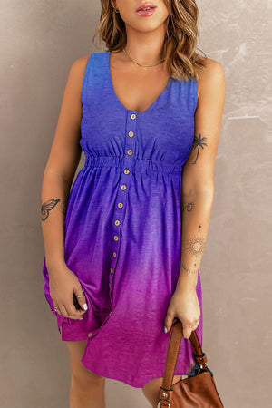 Button-down sundress with V-neck and elastic waist in a blue to purple ombre.