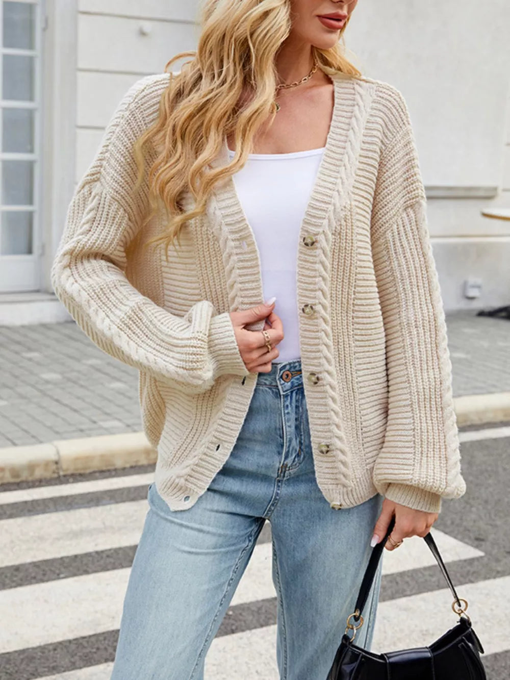 Cable Knit Button-up Cardigan in Black, fabric detail