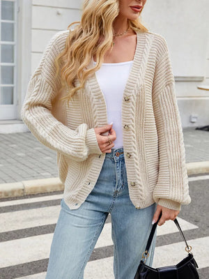 Cable Knit Button-up Cardigan in Black, fabric detail