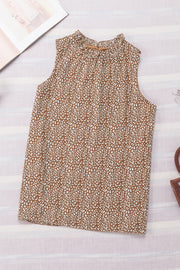 Brown printed sleeveless blouse with ruffled neckline and tie detail.