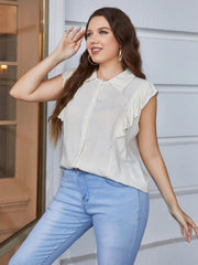 Light yellow collared blouse with ruffled cap sleeves and button front.