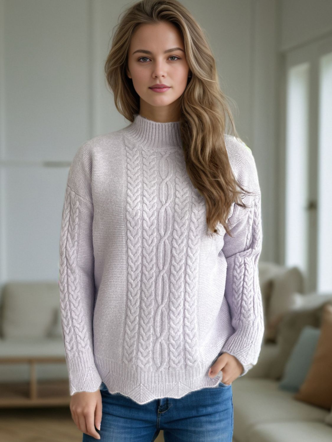 Textured cable knit mock neck pullover sweater in light purple with intricate cable detailing.