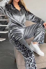 Gray velvet tracksuit with leopard print panels on sleeves and legs