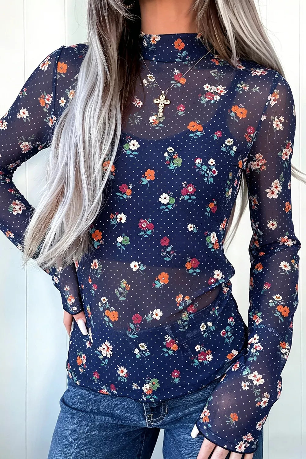 Polka Dot Floral Mesh Long Sleeve Top in Navy, front view