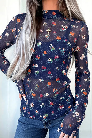 Polka Dot Floral Mesh Long Sleeve Top in Navy, front view