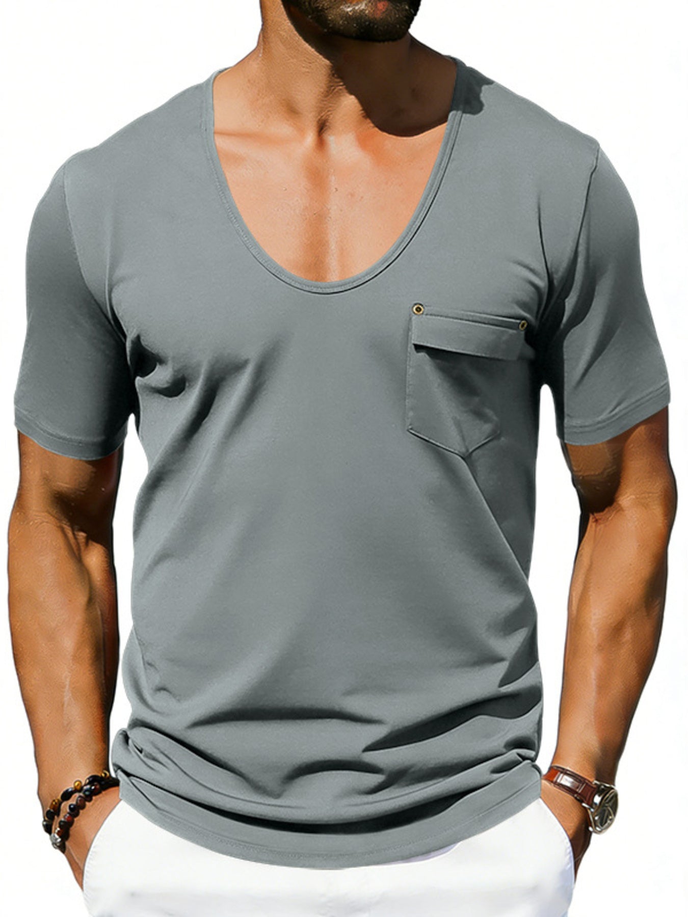 Gray cotton blend tee with scoop neck and chest pocket.