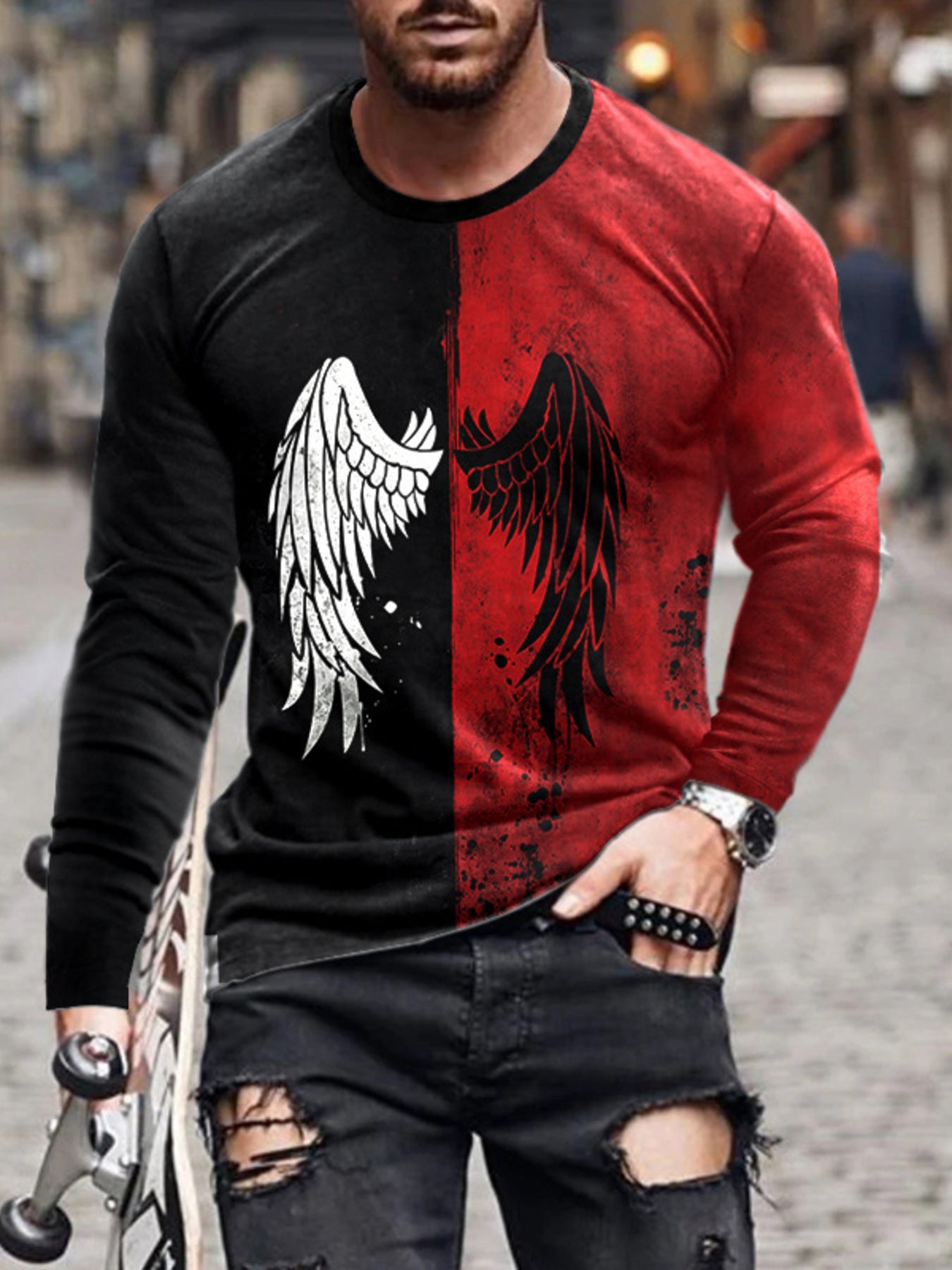 Men's Full Size Split-color Wing Graphic Long-sleeve T-shirt in Burgundy, front view