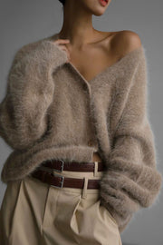 Angora cloud cardigan in Khaki with sculpted sleeves and button front.