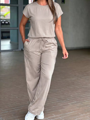 Round Neck Tee And Drawstring Pants Set in Khaki, close-up detail