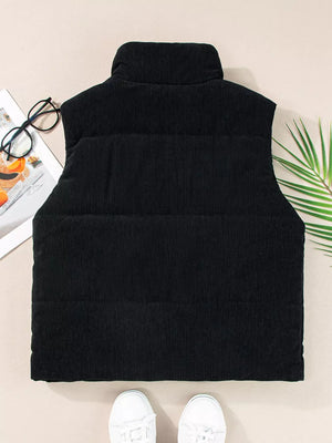 Black corduroy zip-up vest coat with a high neck and ribbed texture.