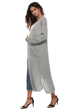 Light gray longline knit cardigan with pockets and side slits