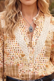 Floral Lace Trim Button Down Shirt in Tan, close-up detail