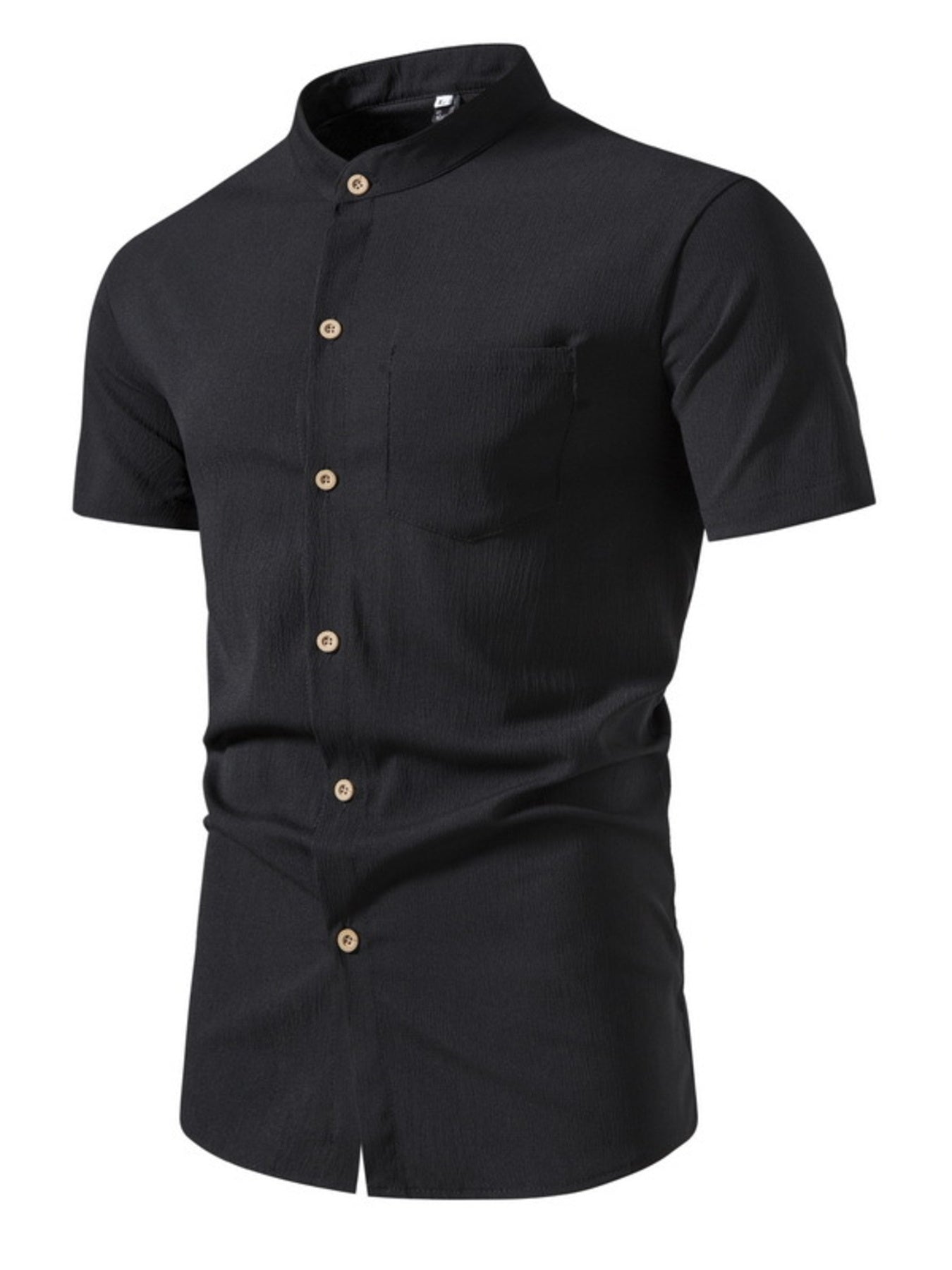 Men's black cotton band collar button-up shirt with short sleeves and chest pocket.