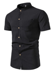 Men's black cotton band collar button-up shirt with short sleeves and chest pocket.