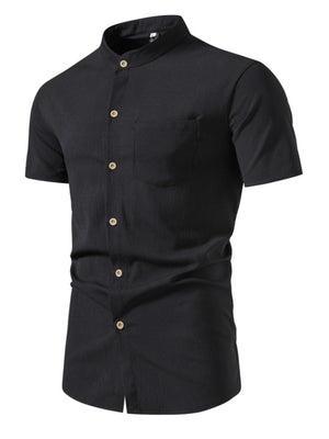 Men's black cotton band collar button-up shirt with short sleeves and chest pocket.