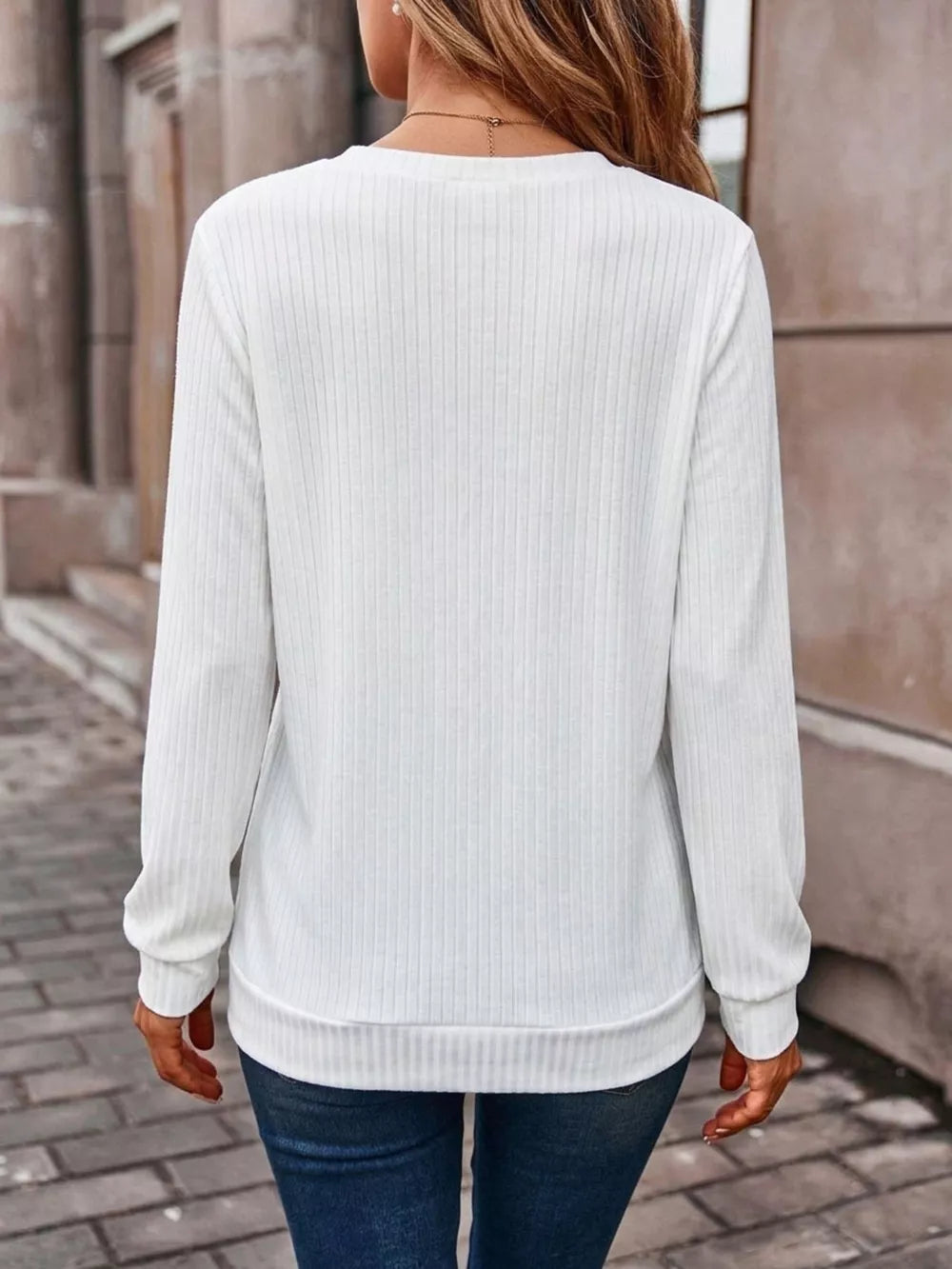 V-neck Ribbed Top in White, back view