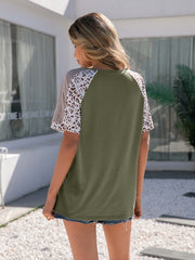 Army green raglan tee with leopard print sleeves and V-neck