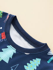 Children's navy pajama set with Christmas trees and festive details, crew neck.