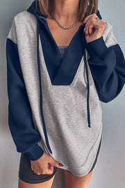 Color Block V Neck Drawstring Hoodie in Gray, front view