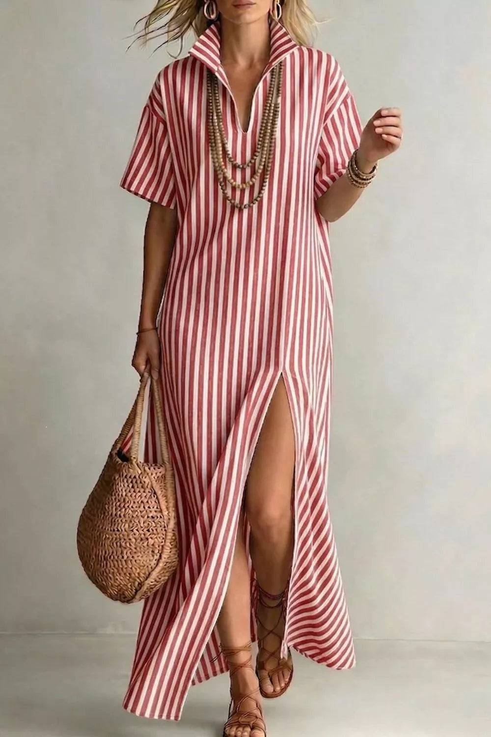 V-neck striped maxi dress in burnt coral with short sleeves and a high slit.