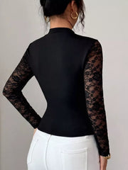 Lace Trim Cutout Front Top in Black, model styling view