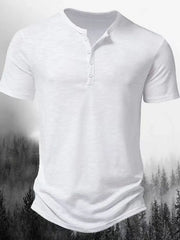 White textured short sleeve Henley tee with button placket.