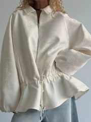 Jacquard Bomber Jacket With Drawstring Waist in Apricot