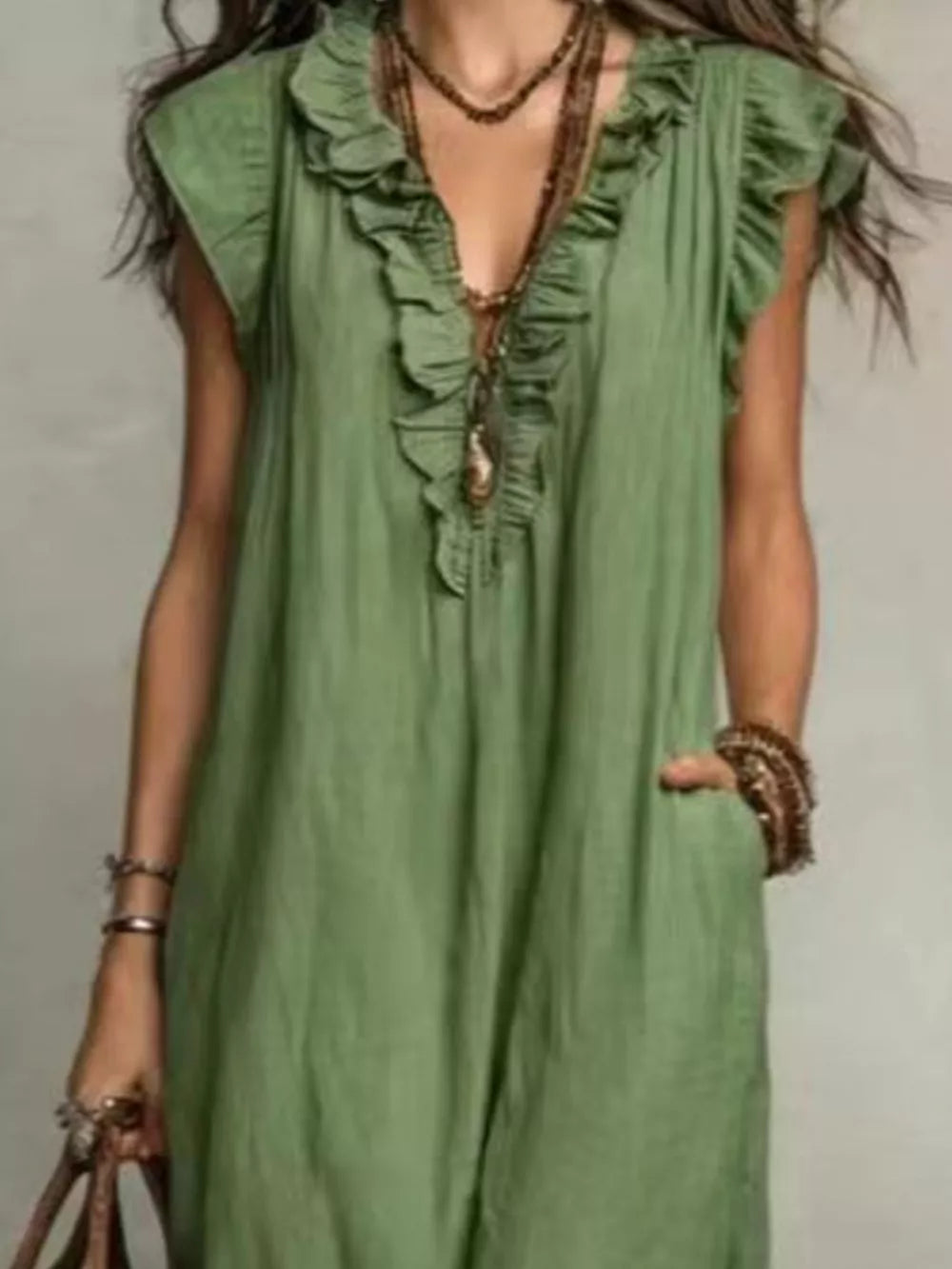Bohemian Ruffle Neck Maxi Dress Plus Size in Blue, editorial view