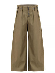 Olive wide-leg sweatpants with pinstripes and a button-fly closure.